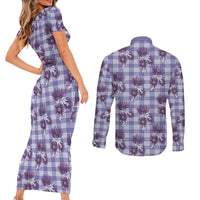 Purple Palaka Hawaii Couples Matching Short Sleeve Bodycon Dress and Long Sleeve Button Shirt Hawaiian Lehua Blossoms