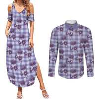 Purple Palaka Hawaii Couples Matching Summer Maxi Dress and Long Sleeve Button Shirt Hawaiian Lehua Blossoms