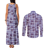 Purple Palaka Hawaii Couples Matching Tank Maxi Dress and Long Sleeve Button Shirt Hawaiian Lehua Blossoms