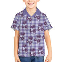 Purple Palaka Hawaii Family Matching Off Shoulder Short Dress and Hawaiian Shirt Hawaiian Lehua Blossoms