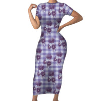 Purple Palaka Hawaii Short Sleeve Bodycon Dress Hawaiian Lehua Blossoms