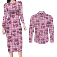 Pink Palaka Hawaii Couples Matching Long Sleeve Bodycon Dress and Long Sleeve Button Shirt Hawaiian Lehua Blossoms