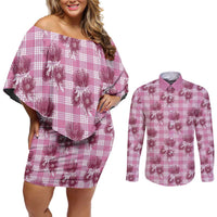 Pink Palaka Hawaii Couples Matching Off Shoulder Short Dress and Long Sleeve Button Shirt Hawaiian Lehua Blossoms