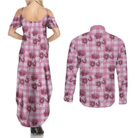 Pink Palaka Hawaii Couples Matching Summer Maxi Dress and Long Sleeve Button Shirt Hawaiian Lehua Blossoms