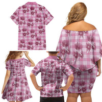Pink Palaka Hawaii Family Matching Off Shoulder Short Dress and Hawaiian Shirt Hawaiian Lehua Blossoms