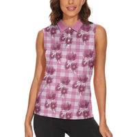 Pink Palaka Hawaii Women Sleeveless Polo Shirt Hawaiian Lehua Blossoms