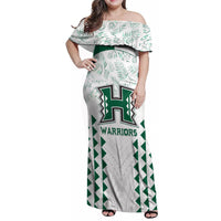 Custom Hawaii Football Family Matching Off Shoulder Maxi Dress and Hawaiian Shirt Rainbow Warriors Kakau Pattern LT05 Mom's Dress White - Polynesian Pride