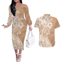 Polynesian Women's Day Couples Matching Off The Shoulder Long Sleeve Dress and Hawaiian Shirt Brown Hibiscus Flowers With Polynesian Pattern LT05 Brown - Polynesian Pride