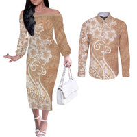 Polynesian Women's Day Couples Matching Off The Shoulder Long Sleeve Dress and Long Sleeve Button Shirt Brown Hibiscus Flowers With Polynesian Pattern