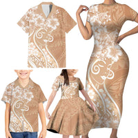 Polynesian Women's Day Family Matching Short Sleeve Bodycon Dress and Hawaiian Shirt Brown Hibiscus Flowers With Polynesian Pattern