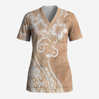 Polynesian Women's Day Scrub Top Brown Hibiscus Flowers With Polynesian Pattern LT05 Adult Brown - Polynesian Pride