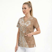 Polynesian Women's Day Scrub Top Brown Hibiscus Flowers With Polynesian Pattern LT05 - Polynesian Pride