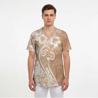 Polynesian Women's Day Scrub Top Brown Hibiscus Flowers With Polynesian Pattern LT05 - Polynesian Pride