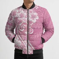 Polynesian Women's Day Bomber Puffer Jacket Pink Hibiscus Flowers With Polynesian Pattern