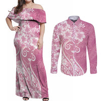 Polynesian Women's Day Couples Matching Off Shoulder Maxi Dress and Long Sleeve Button Shirt Pink Hibiscus Flowers With Polynesian Pattern LT05 Pink - Polynesian Pride