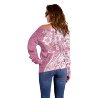 Polynesian Women's Day Off Shoulder Sweater Pink Hibiscus Flowers With Polynesian Pattern LT05 - Polynesian Pride