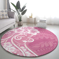 Polynesian Women's Day Round Carpet Pink Hibiscus Flowers With Polynesian Pattern