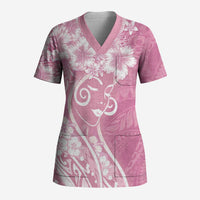 Polynesian Women's Day Scrub Top Pink Hibiscus Flowers With Polynesian Pattern LT05 Adult Pink - Polynesian Pride