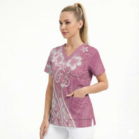 Polynesian Women's Day Scrub Top Pink Hibiscus Flowers With Polynesian Pattern LT05 - Polynesian Pride