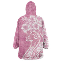 Polynesian Women's Day Wearable Blanket Hoodie Pink Hibiscus Flowers With Polynesian Pattern