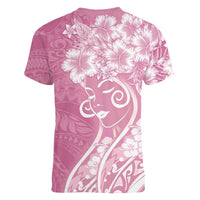 Polynesian Women's Day Women V-Neck T-Shirt Pink Hibiscus Flowers With Polynesian Pattern