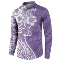 Polynesian Women's Day Button Sweatshirt Purple Hibiscus Flowers With Polynesian Pattern
