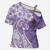 Polynesian Women's Day Cross Shoulder Shirt Purple Hibiscus Flowers With Polynesian Pattern LT05 Female Purple - Polynesian Pride