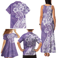 Polynesian Women's Day Family Matching Tank Maxi Dress and Hawaiian Shirt Purple Hibiscus Flowers With Polynesian Pattern