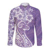 Polynesian Women's Day Long Sleeve Button Shirt Purple Hibiscus Flowers With Polynesian Pattern LT05 Unisex Purple - Polynesian Pride