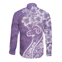Polynesian Women's Day Long Sleeve Button Shirt Purple Hibiscus Flowers With Polynesian Pattern LT05 - Polynesian Pride