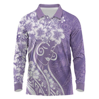 Polynesian Women's Day Long Sleeve Polo Shirt Purple Hibiscus Flowers With Polynesian Pattern LT05 Purple - Polynesian Pride