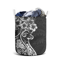 Polynesian Women's Day Laundry Basket Black Hibiscus Flowers With Polynesian Pattern