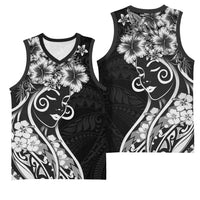Polynesian Women's Day Basketball Jersey Black Hibiscus Flowers With Polynesian Pattern LT05 - Polynesian Pride
