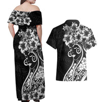 Polynesian Women's Day Couples Matching Off Shoulder Maxi Dress and Hawaiian Shirt Black Hibiscus Flowers With Polynesian Pattern LT05 - Polynesian Pride