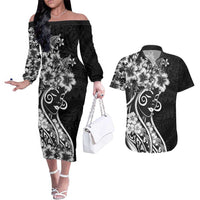 Polynesian Women's Day Couples Matching Off The Shoulder Long Sleeve Dress and Hawaiian Shirt Black Hibiscus Flowers With Polynesian Pattern LT05 Black - Polynesian Pride