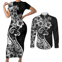 Polynesian Women's Day Couples Matching Short Sleeve Bodycon Dress and Long Sleeve Button Shirt Black Hibiscus Flowers With Polynesian Pattern LT05 Black - Polynesian Pride