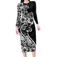 Polynesian Women's Day Family Matching Long Sleeve Bodycon Dress and Hawaiian Shirt Black Hibiscus Flowers With Polynesian Pattern