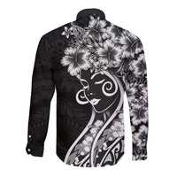 Polynesian Women's Day Long Sleeve Button Shirt Black Hibiscus Flowers With Polynesian Pattern LT05 - Polynesian Pride