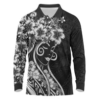 Polynesian Women's Day Long Sleeve Polo Shirt Black Hibiscus Flowers With Polynesian Pattern LT05 Black - Polynesian Pride