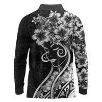 Polynesian Women's Day Long Sleeve Polo Shirt Black Hibiscus Flowers With Polynesian Pattern LT05 - Polynesian Pride