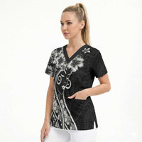 Polynesian Women's Day Scrub Top Black Hibiscus Flowers With Polynesian Pattern LT05 - Polynesian Pride