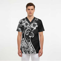 Polynesian Women's Day Scrub Top Black Hibiscus Flowers With Polynesian Pattern LT05 - Polynesian Pride