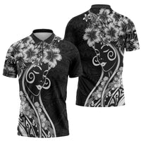 Polynesian Women's Day Zipper Polo Shirt Black Hibiscus Flowers With Polynesian Pattern LT05 - Polynesian Pride