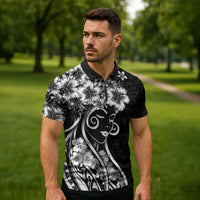 Polynesian Women's Day Zipper Polo Shirt Black Hibiscus Flowers With Polynesian Pattern LT05 - Polynesian Pride