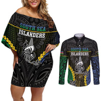 Personalised South Sea Islanders And New Caledonia Couples Matching Off Shoulder Short Dress and Long Sleeve Button Shirt Kanakas Polynesian Pattern LT05 Black - Polynesian Pride