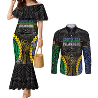 Personalised South Sea Islanders And New Ireland Couples Matching Mermaid Dress and Long Sleeve Button Shirt Kanakas Polynesian Pattern LT05 Black - Polynesian Pride