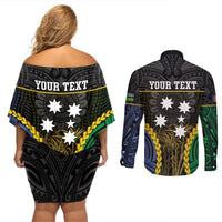 Personalised South Sea Islanders And New Ireland Couples Matching Off Shoulder Short Dress and Long Sleeve Button Shirt Kanakas Polynesian Pattern LT05 - Polynesian Pride
