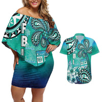 Fiji Born Indian Couples Matching Off Shoulder Short Dress and Hawaiian Shirt Palm Paisley With Tapa Pattern