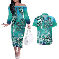 Fiji Born Indian Couples Matching Off The Shoulder Long Sleeve Dress and Hawaiian Shirt Palm Paisley With Tapa Pattern
