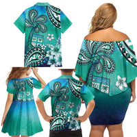 Fiji Born Indian Family Matching Off Shoulder Short Dress and Hawaiian Shirt Palm Paisley With Tapa Pattern